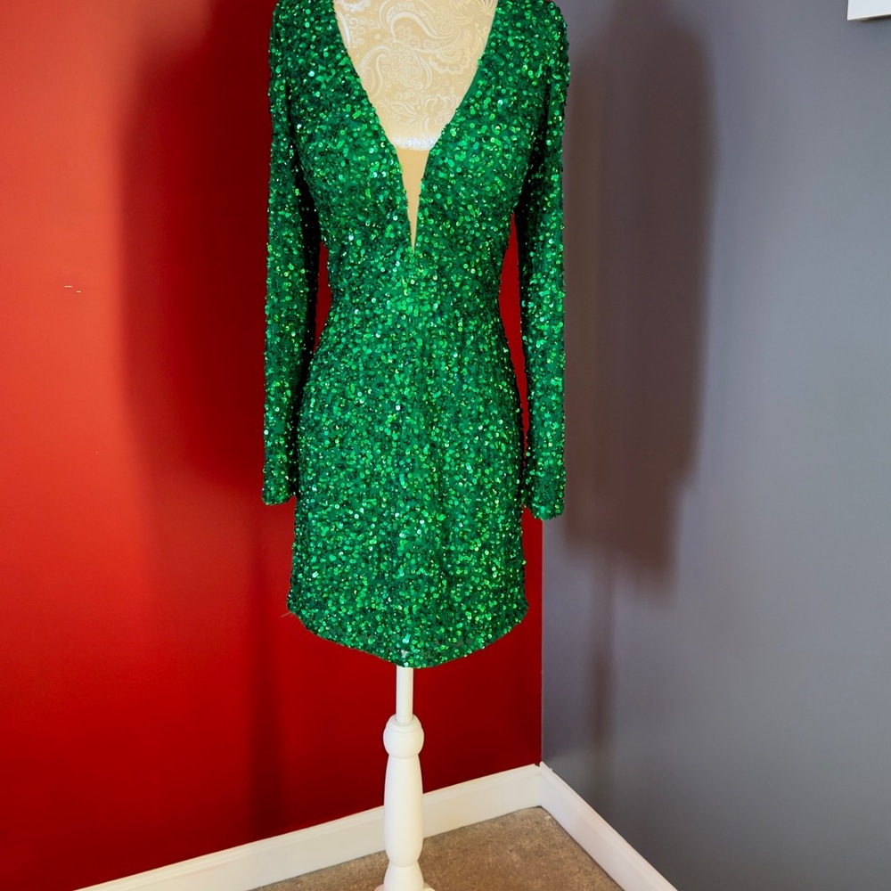 Ashley By 26 International Green Sequin Long Sleeve Dress